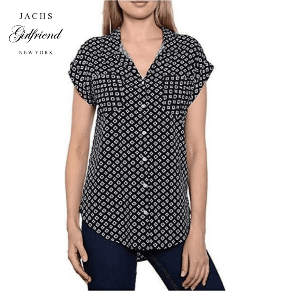 Sz S Jachs Girlfriend 100% Rayon Women's Short Sleeve Blouse, Navy Blue Diamond